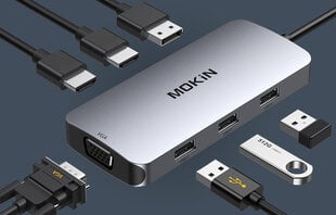 MOKiN 7in1 Adapter Hub USB-C to 2x HDMI + 3x USB 2.0 + DP + VGA (silver) цена и информация | Адаптеры и USB-hub | hansapost.ee