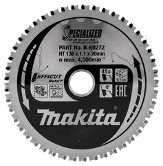 Пильный диск B-69272 TCT EFFICUT METAL 136X1.1X20mm 0 ° T45 Makita цена и информация | Ручной инструмент, 18 В 125 мм бесщеточная угловая шлифовальная машина для Makita Cordless, замена литий-ионного аккумулятора | hansapost.ee