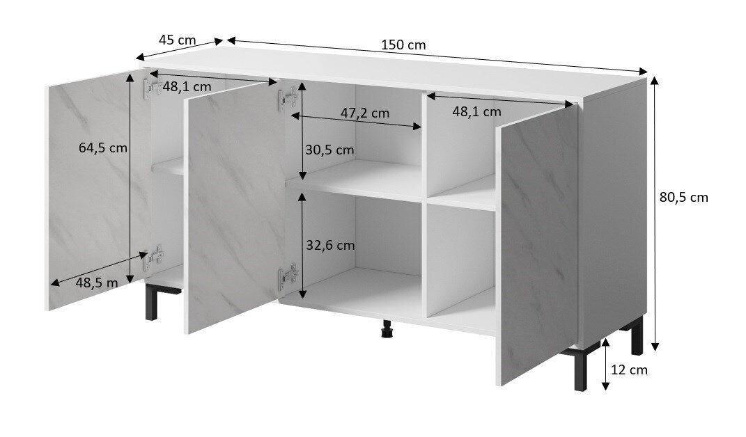 Kummut Cama Meble Marmo 3D, 150x45x80.5 cm, must hind ja info | Kummutid | hansapost.ee