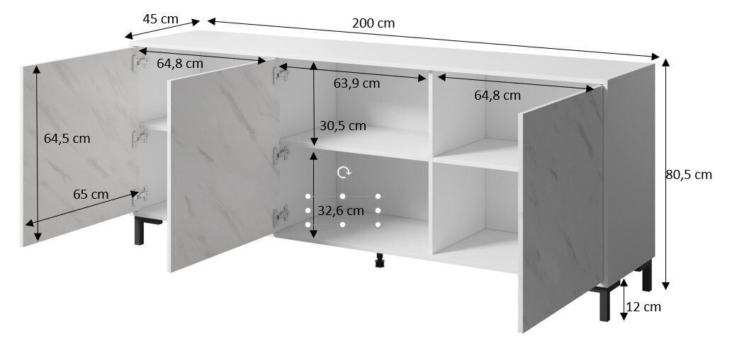 Kummut Cama Meble Marmo 3D, 200x45x80,5 cm, must hind ja info | Kummutid | hansapost.ee