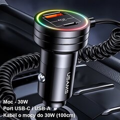 USAMS Ład. sam. 2xUSB-C 1xUSB-A C33 60W with spring cable Fast Charge czarny|black CC167CC01 (US-CC167) цена и информация | Зарядные устройства для телефонов | hansapost.ee