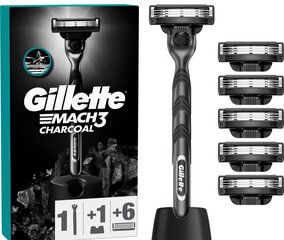 Набор для бритья Gillette Mach3 Charcoal для мужчин: бритва + 6 лезвий для бритья + подставка цена и информация | Средства для бритья | hansapost.ee