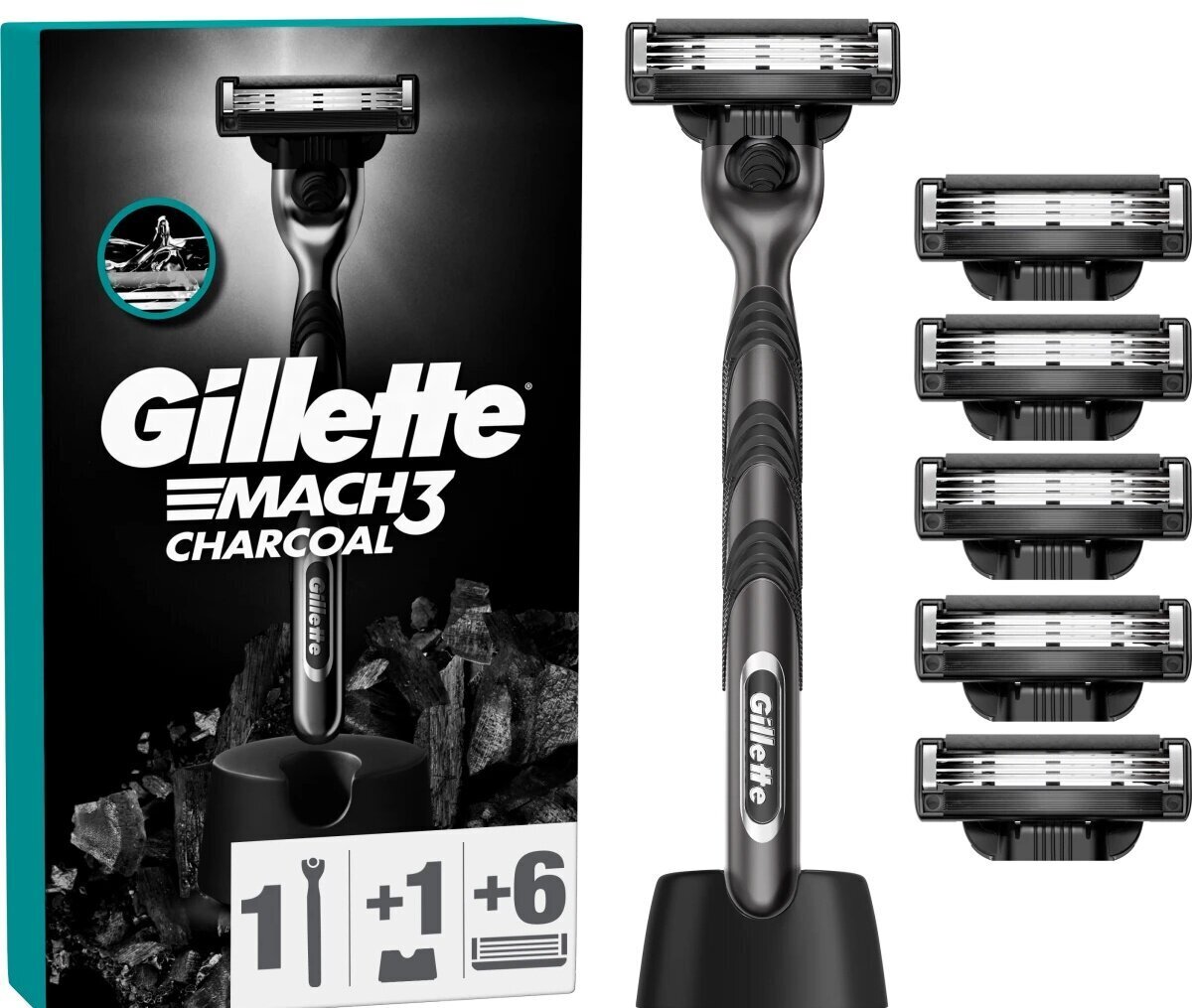 Raseerija komplekt Gillette Mach3 Charcoal meestele: raseerija + 6 žiletitera + alus цена и информация | Raseerimisvahendid | hansapost.ee