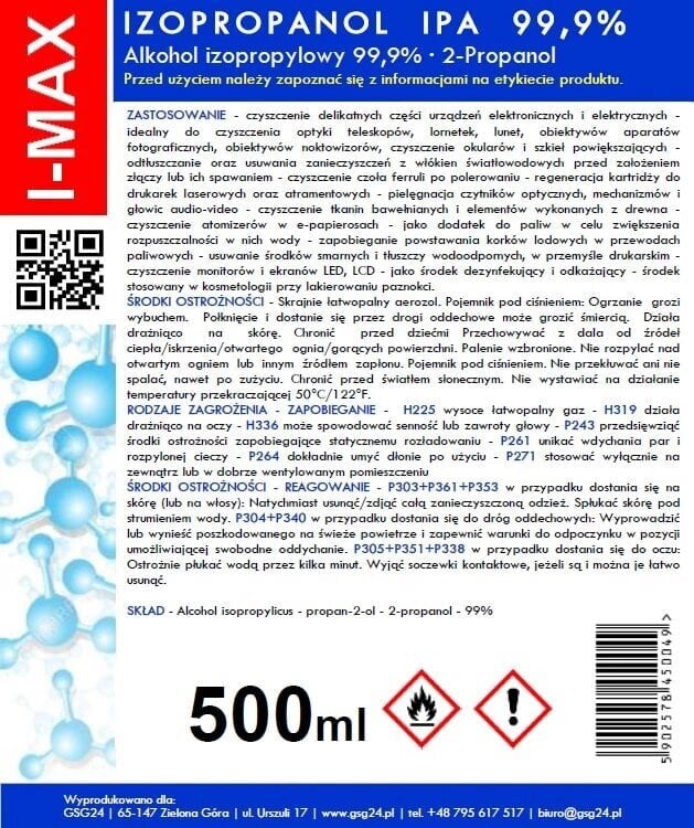 Isopropüülalkohol IPA I-MAX 99.9% Spray 500 ml hind ja info | Puhastusvahendid | hansapost.ee