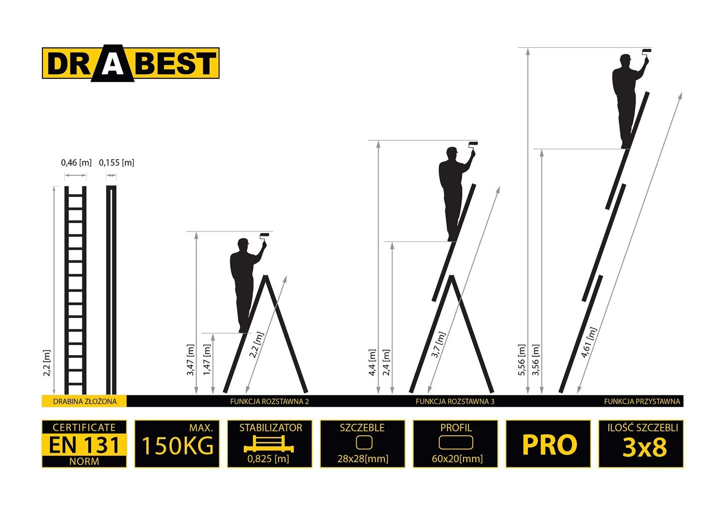 Kolmeosaline multifunktsionaalne redel DRABEST PRO 3x8 hind ja info | Redelid | hansapost.ee