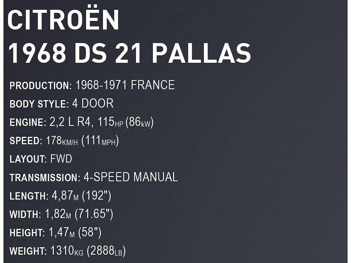 Mudelkomplekt COBI Plastkonstruktorid Citroen DS 21 Pallas 1968, 1/12, 24348 hind ja info | Klotsid ja konstruktorid | hansapost.ee