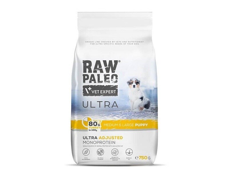 Raw Paleo Ultra Turkey Medium&Large Puppy keskmist ja suurt tõugu kutsikatele koos kalkuniga, 750 g цена и информация | Koerte kuivtoit ja krõbinad | hansapost.ee