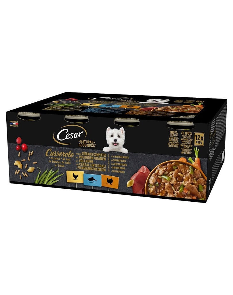 Cesar Natural Goodness Casserole koos kana, valge kala ja kalkuniga kastmes, 24x400 g hind ja info | Koerakonservid | hansapost.ee