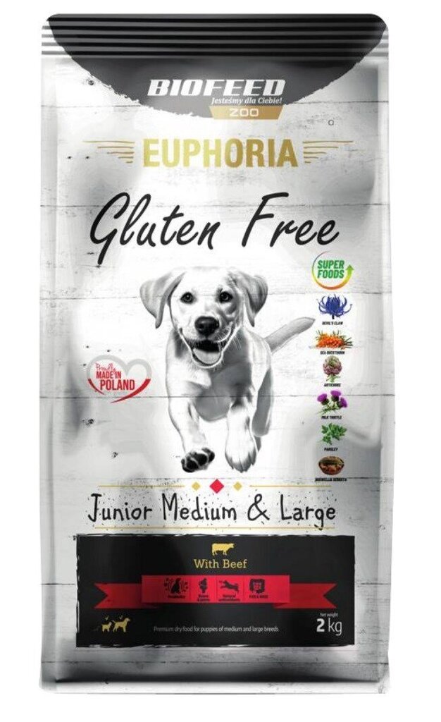 Biofeed Euphoria Gluten Free noortele keskmistest ja suurtest tõugudest kutsikatele veiselihaga, 2 kg цена и информация | Koerte kuivtoit ja krõbinad | hansapost.ee