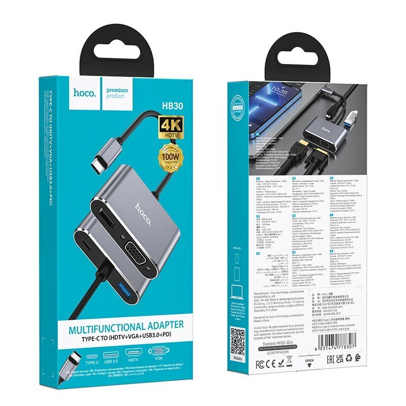 Adapter Hoco HB30 Type-C to HDMI+VGA+USB-A3.0+Type-C hall цена и информация | USB adapterid ja jagajad | hansapost.ee