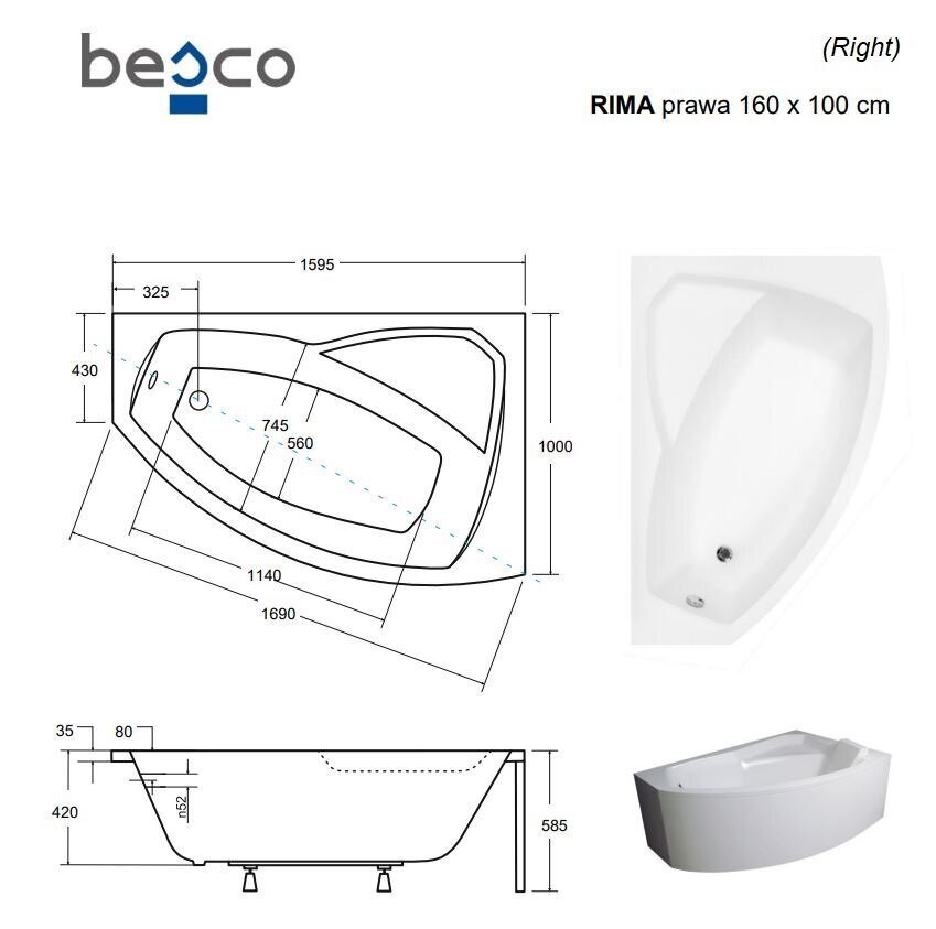 Vann Besco Rima koos viimistlusega, 160x100 cm, parempoolne цена и информация | Vannid | hansapost.ee