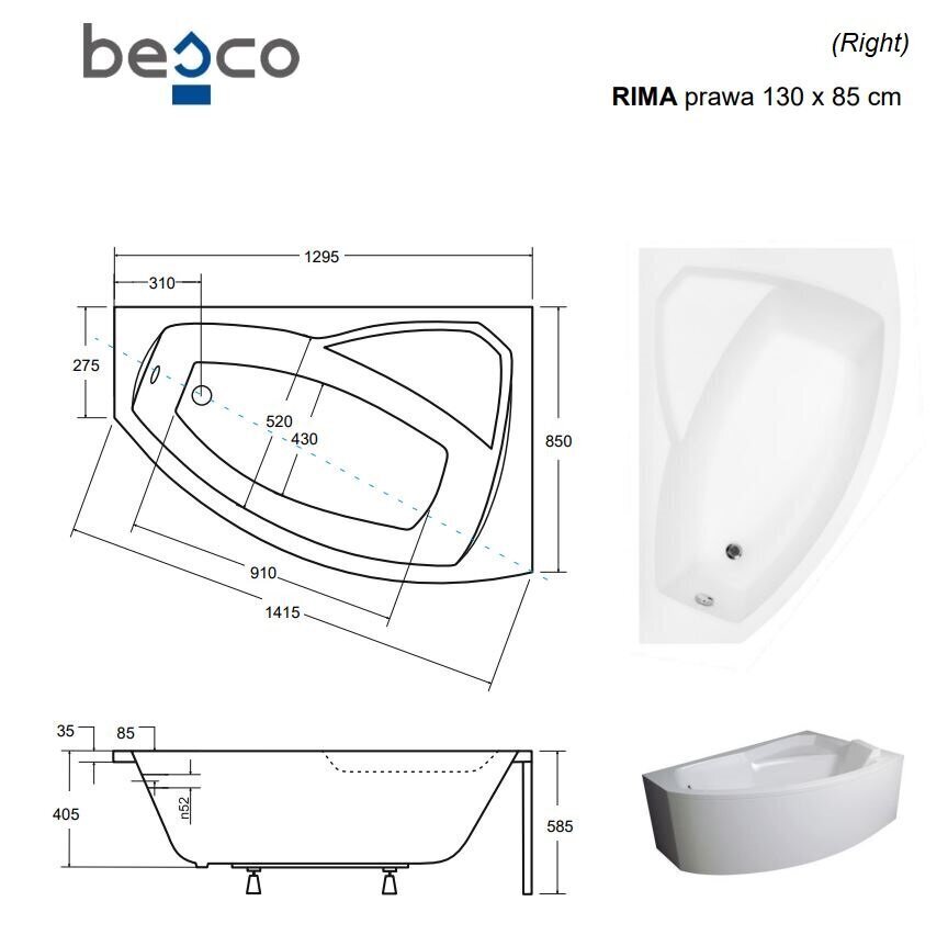 Vann Besco Rima koos viimistlusega, 130x85 cm, parempoolne цена и информация | Vannid | hansapost.ee