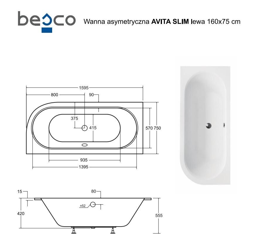 Vann Besco Avita Slim, 160x75 cm, vasakpoolne цена и информация | Vannid | hansapost.ee