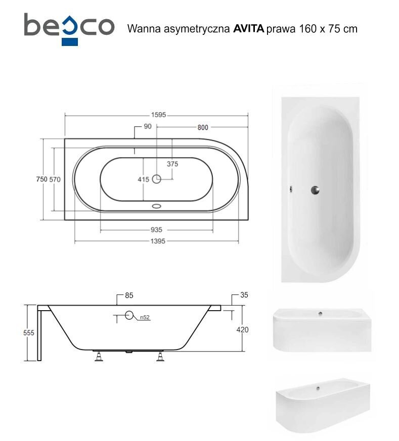 Vann Besco Avita koos viimistlusega, 160x75 cm, parempoolne hind ja info | Vannid | hansapost.ee