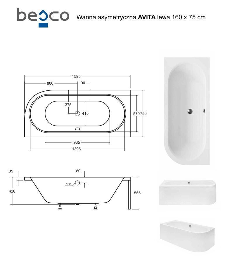 Vann Besco Avita viimistlusega, 160x75 cm, vasak hind ja info | Vannid | hansapost.ee