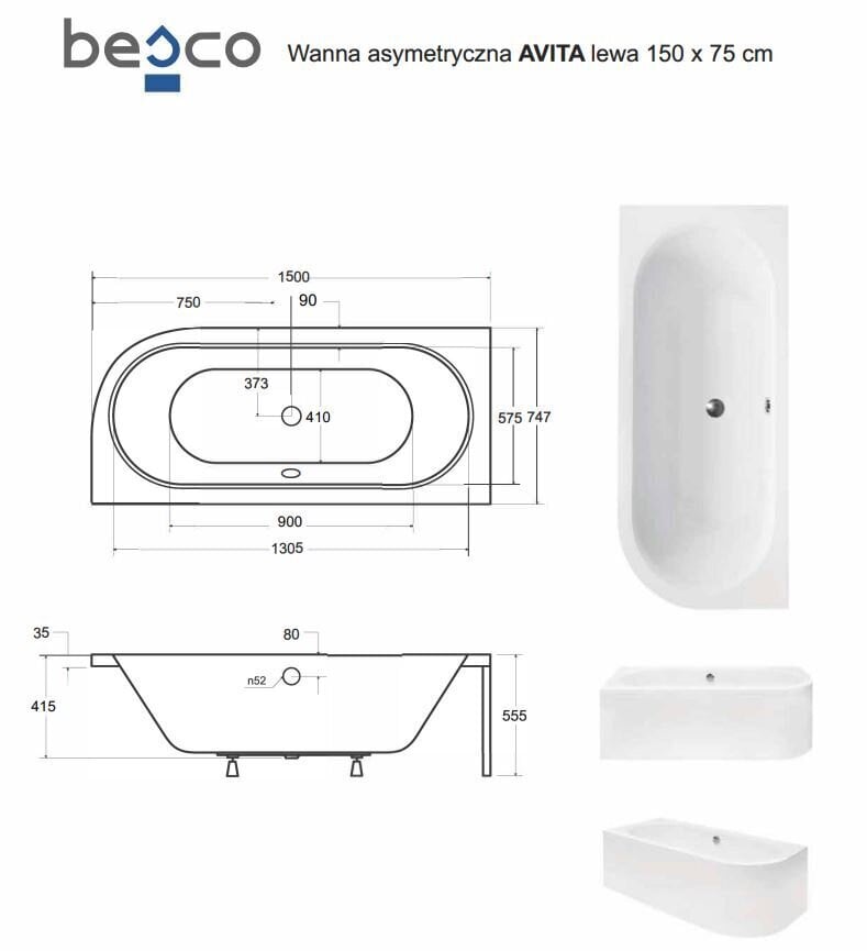 Vann Besco Avita koos viimistlusega, 150x75 cm, vasakpoolne hind ja info | Vannid | hansapost.ee