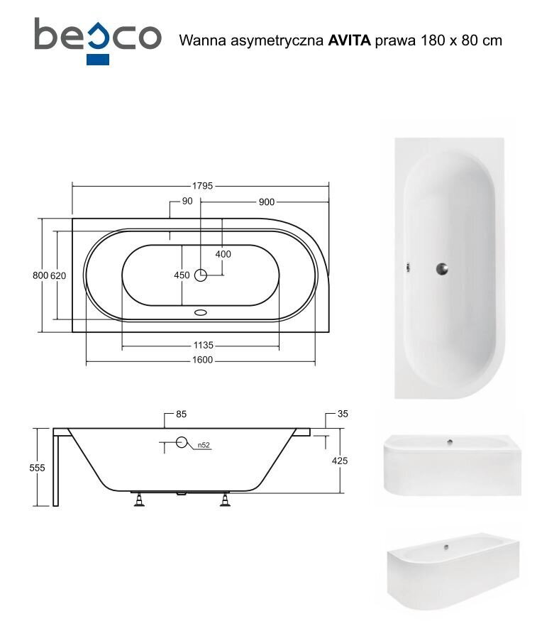 Vann Besco Avita, 180x80 cm, parempoolne hind ja info | Vannid | hansapost.ee