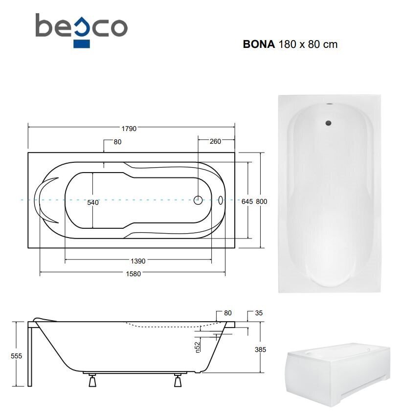 Vann Besco Bona koos viimistlusega, 180x80 cm цена и информация | Vannid | hansapost.ee