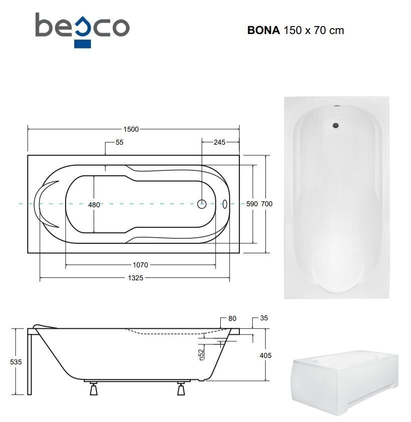 Vann Besco Bona koos viimistlusega, 150x70 cm hind ja info | Vannid | hansapost.ee