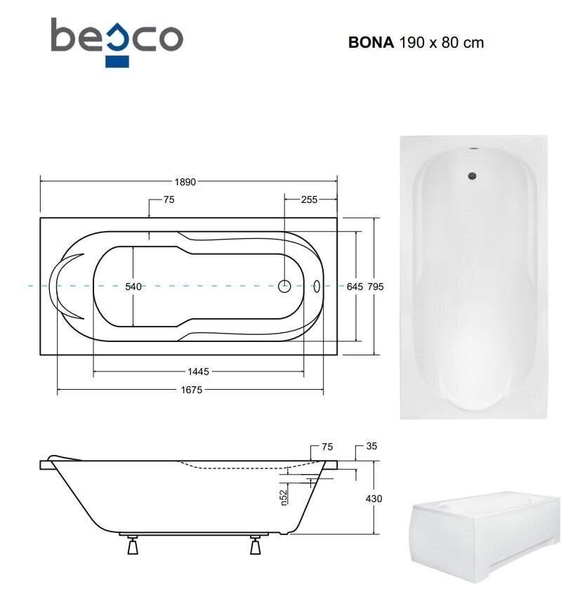 Vann Besco Bona, 190x80 cm цена и информация | Vannid | hansapost.ee