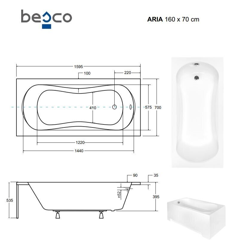 Vann Besco Aria Plus koos käepidemete ja viimistlusega, 160x70 cm цена и информация | Vannid | hansapost.ee