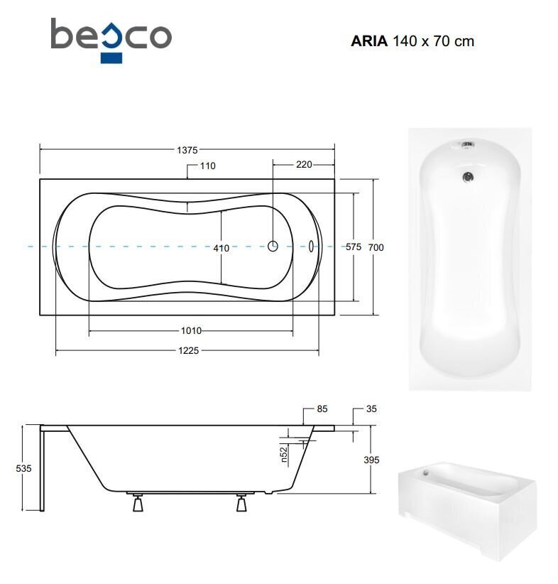 Vann Besco Aria Plus koos käepidemete ja viimistlusega, 140x70 cm цена и информация | Vannid | hansapost.ee