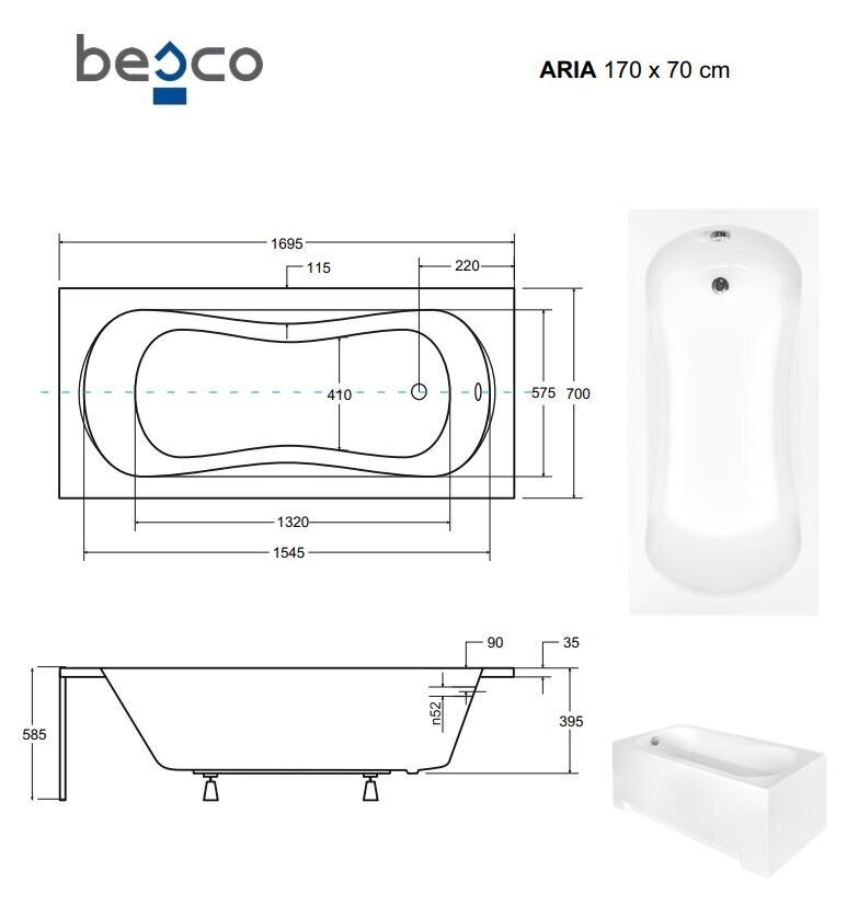 Vann Besco Aria koos viimistlusega, 170x70 cm цена и информация | Vannid | hansapost.ee