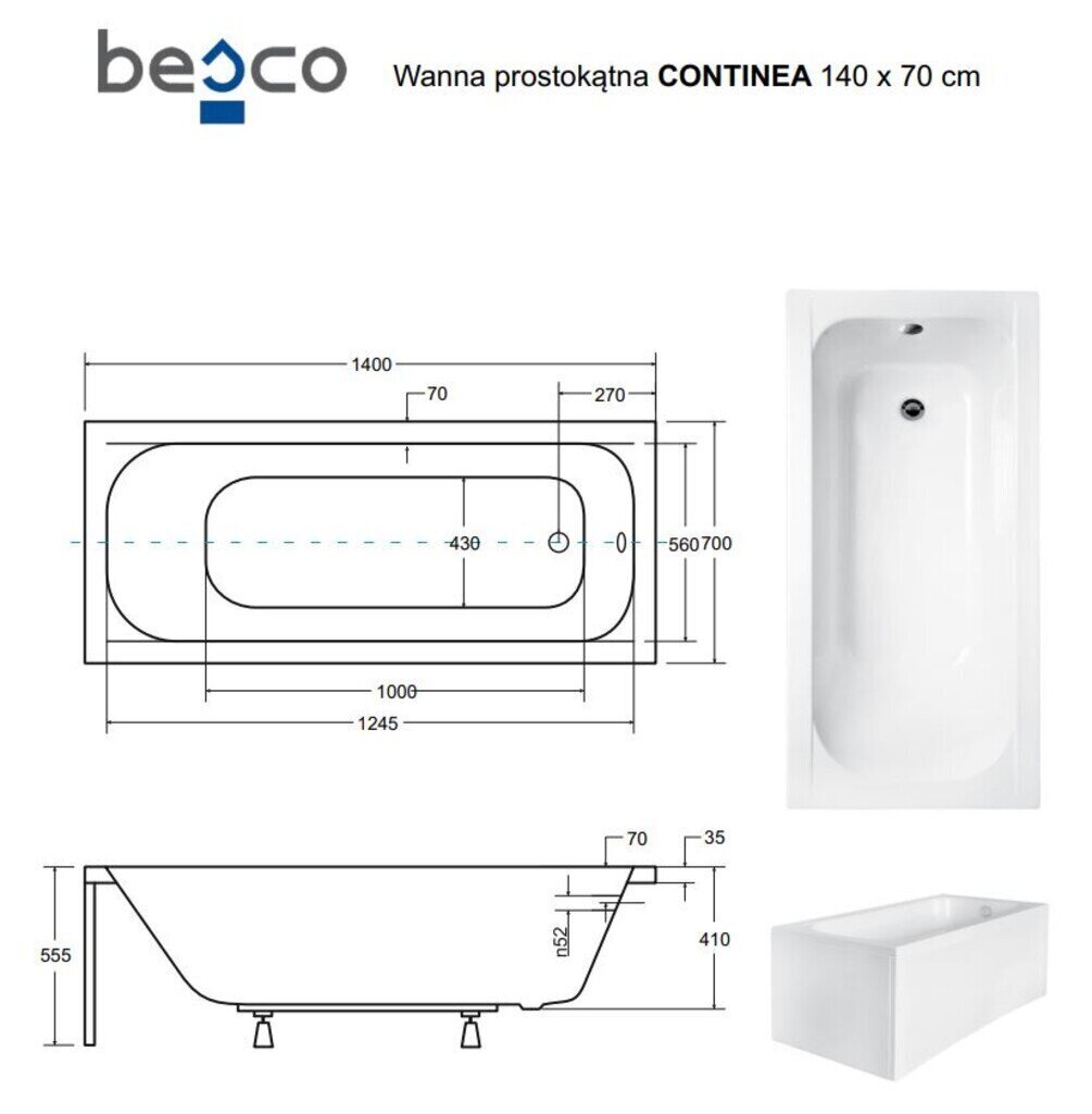 Vann Besco Continea koos viimistlusega, 140x70 cm hind ja info | Vannid | hansapost.ee