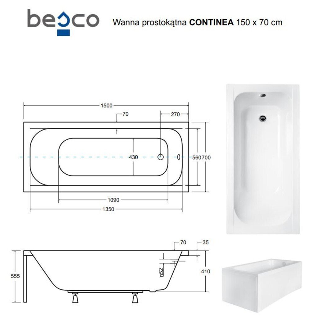 Vann Besco Continea, 150x70 cm цена и информация | Vannid | hansapost.ee