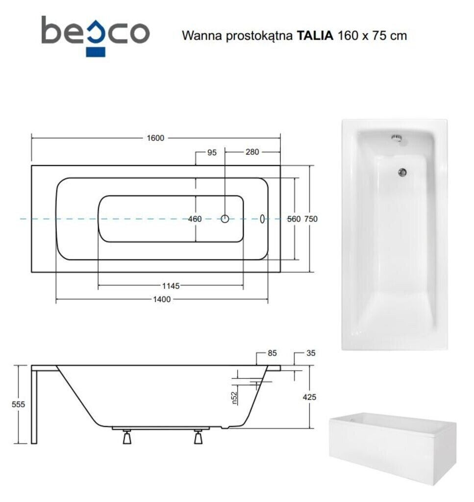 Vann Besco Talia koos viimistlusega, 160x75 cm hind ja info | Vannid | hansapost.ee