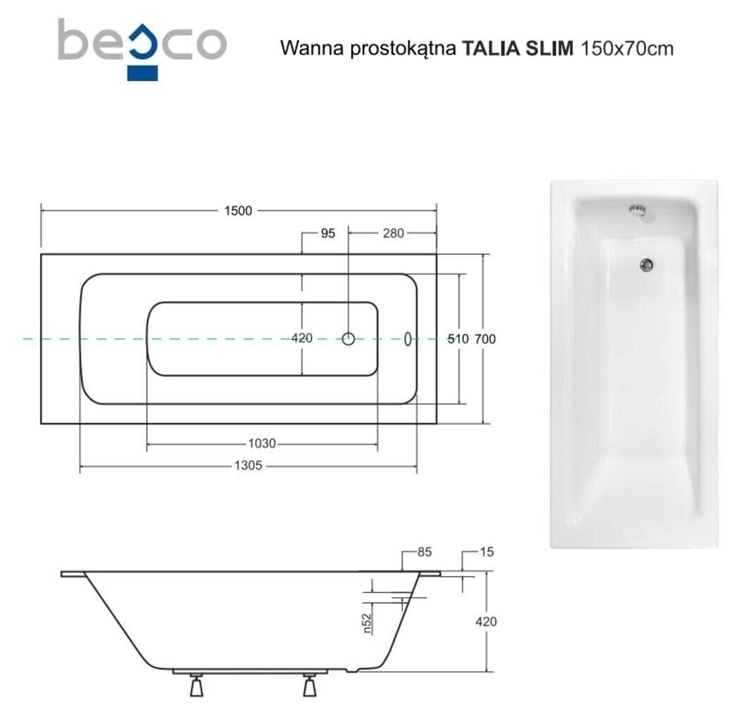 Vann Besco Talia Slim, 150x70 cm hind ja info | Vannid | hansapost.ee