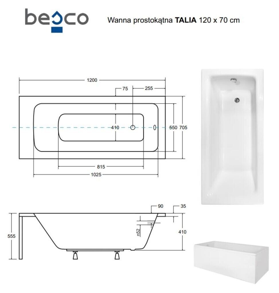 Vann Besco Talia koos viimistlusega, 120x70 cm цена и информация | Vannid | hansapost.ee