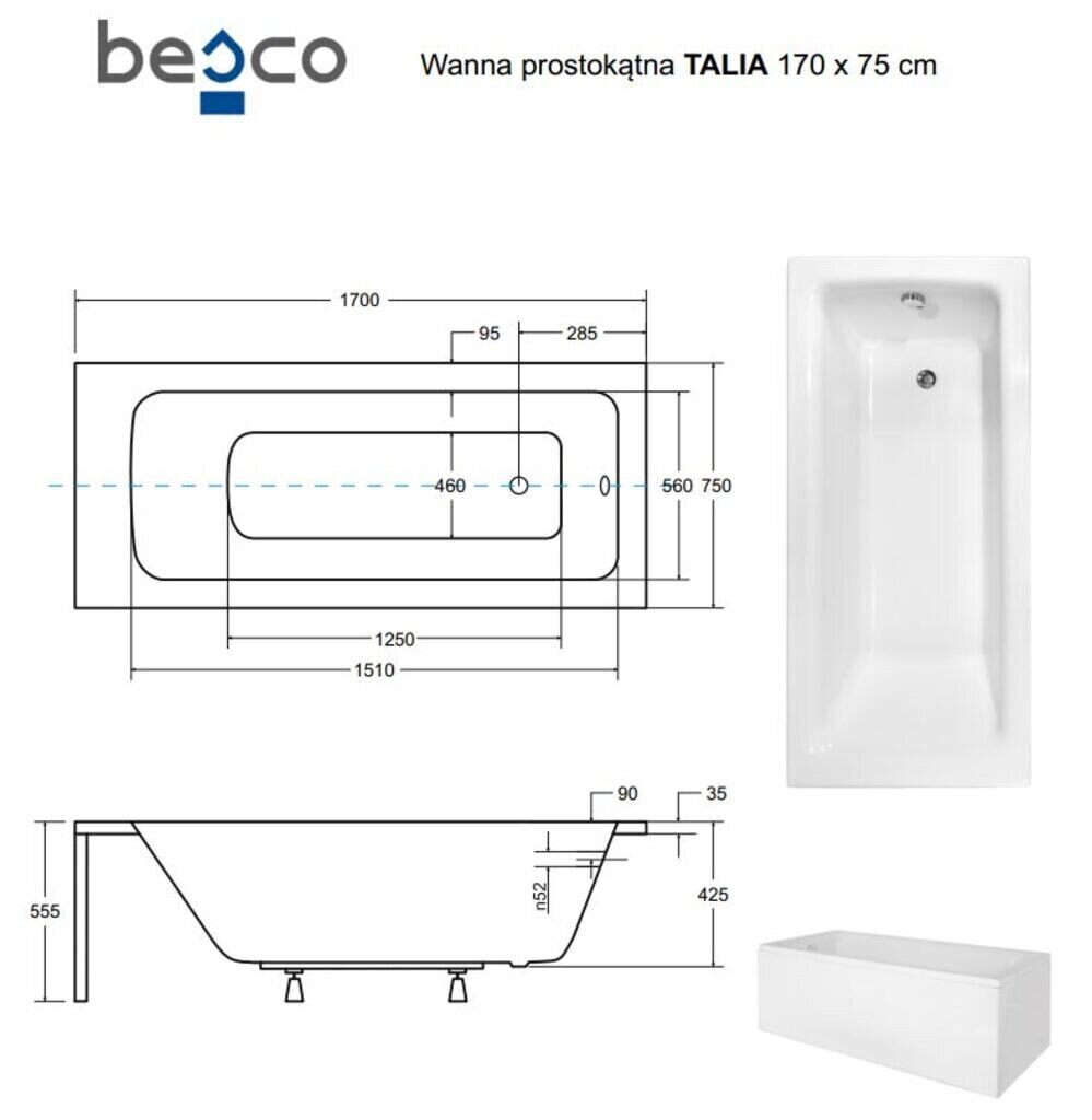 Vann Besco Talia koos viimistlusega, 170x75 cm цена и информация | Vannid | hansapost.ee