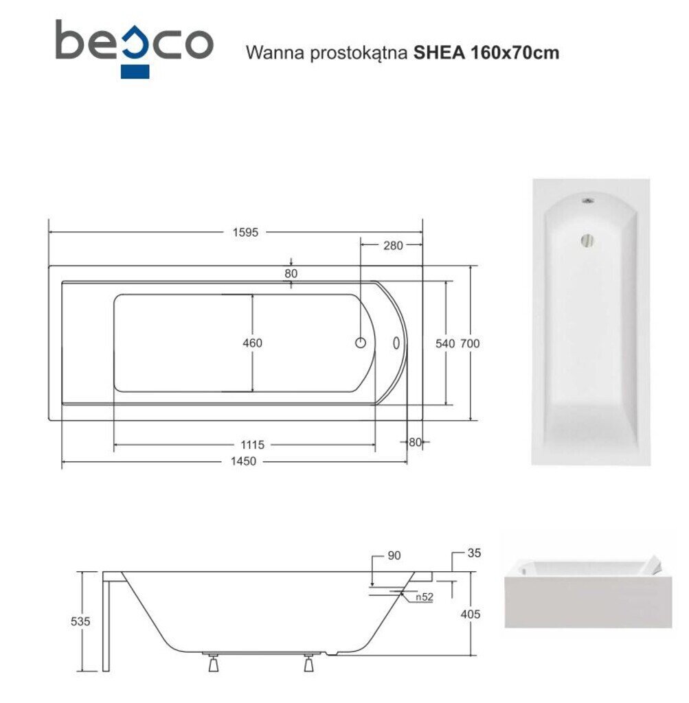 Vann Besco Shea koos viimistlusega, 160x70 cm цена и информация | Vannid | hansapost.ee