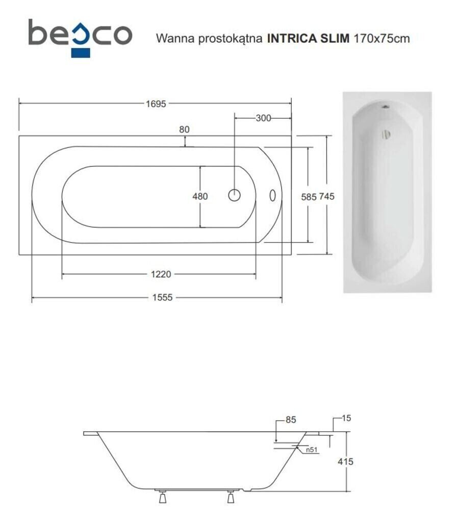 Vann Besco Intrica Slim, 170x75 cm цена и информация | Vannid | hansapost.ee