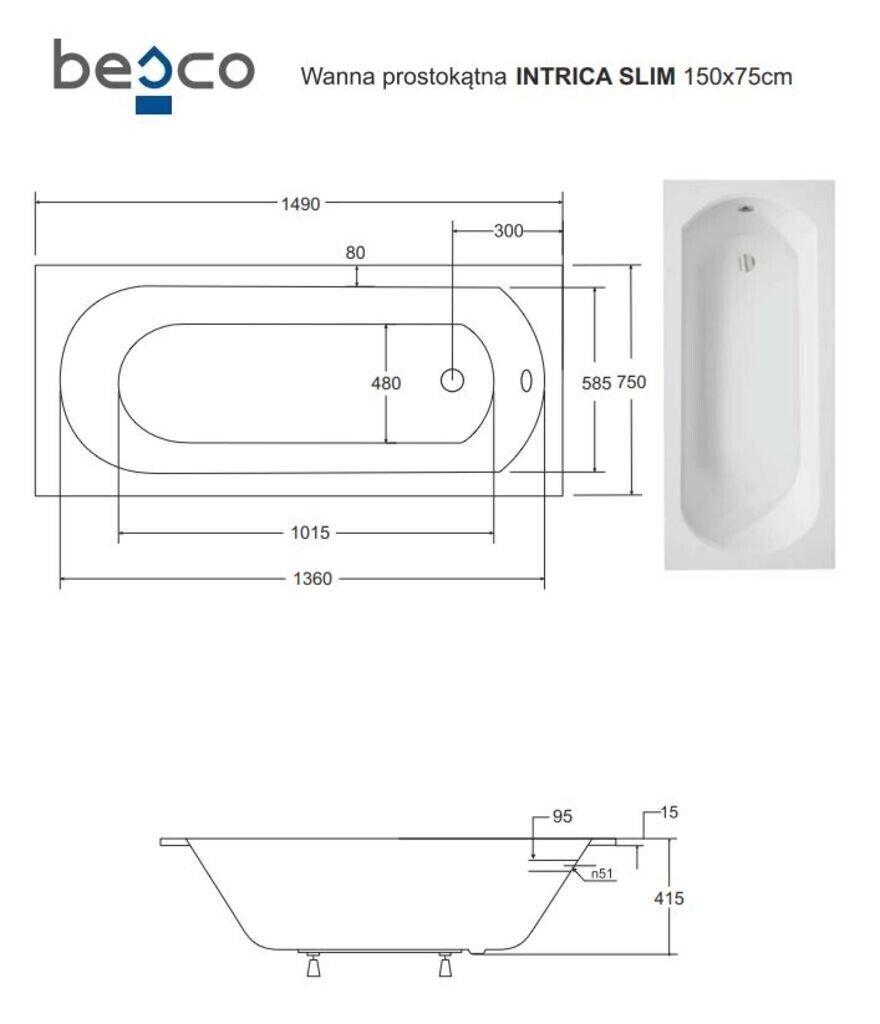 Vann Besco Intrica Slim, 150x75 cm цена и информация | Vannid | hansapost.ee