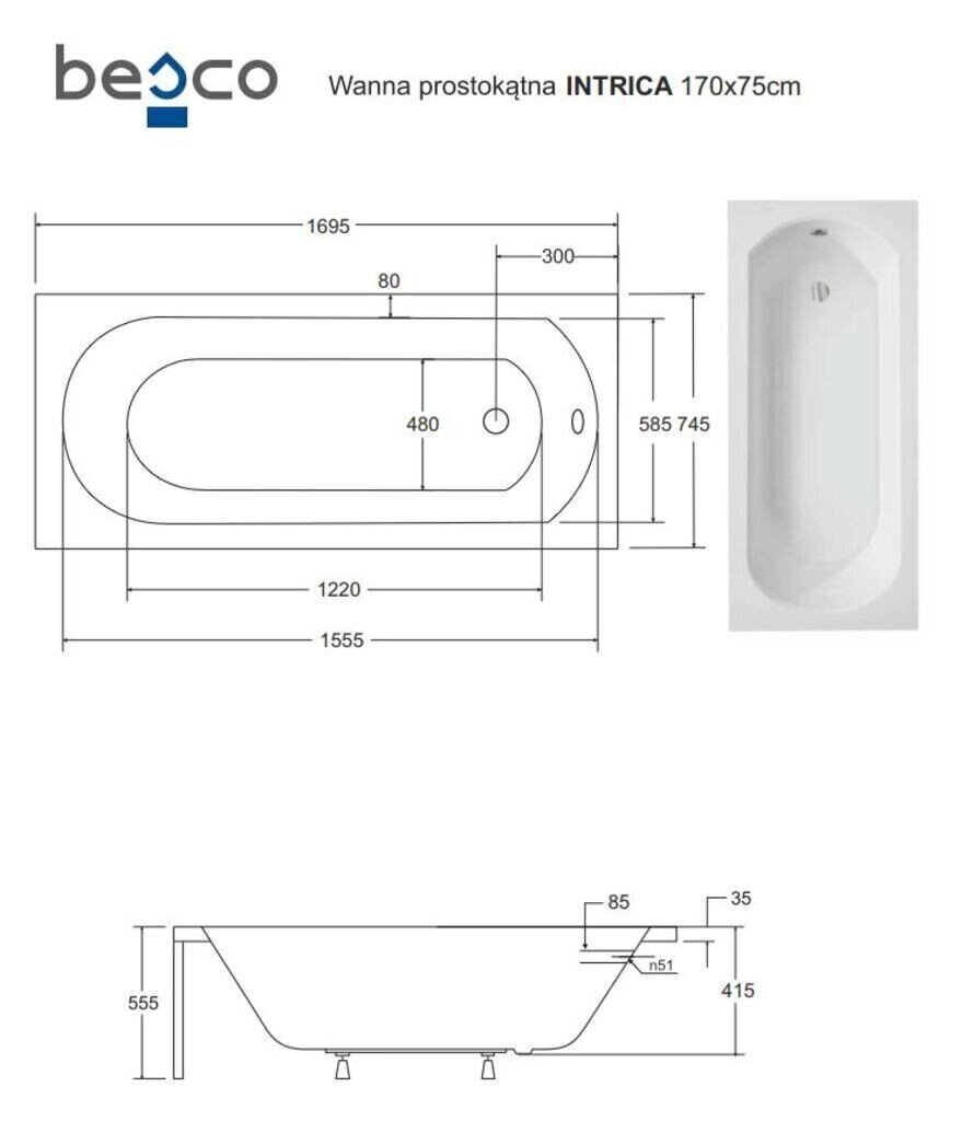 Vann Besco Intrica koos viimistlusega, 170x75 cm hind ja info | Vannid | hansapost.ee