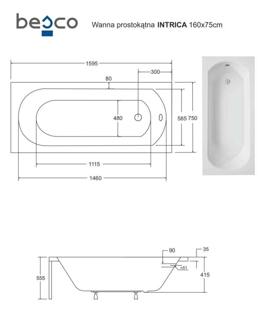 Vann Besco Intrica koos viimistlusega, 160x75 cm цена и информация | Vannid | hansapost.ee