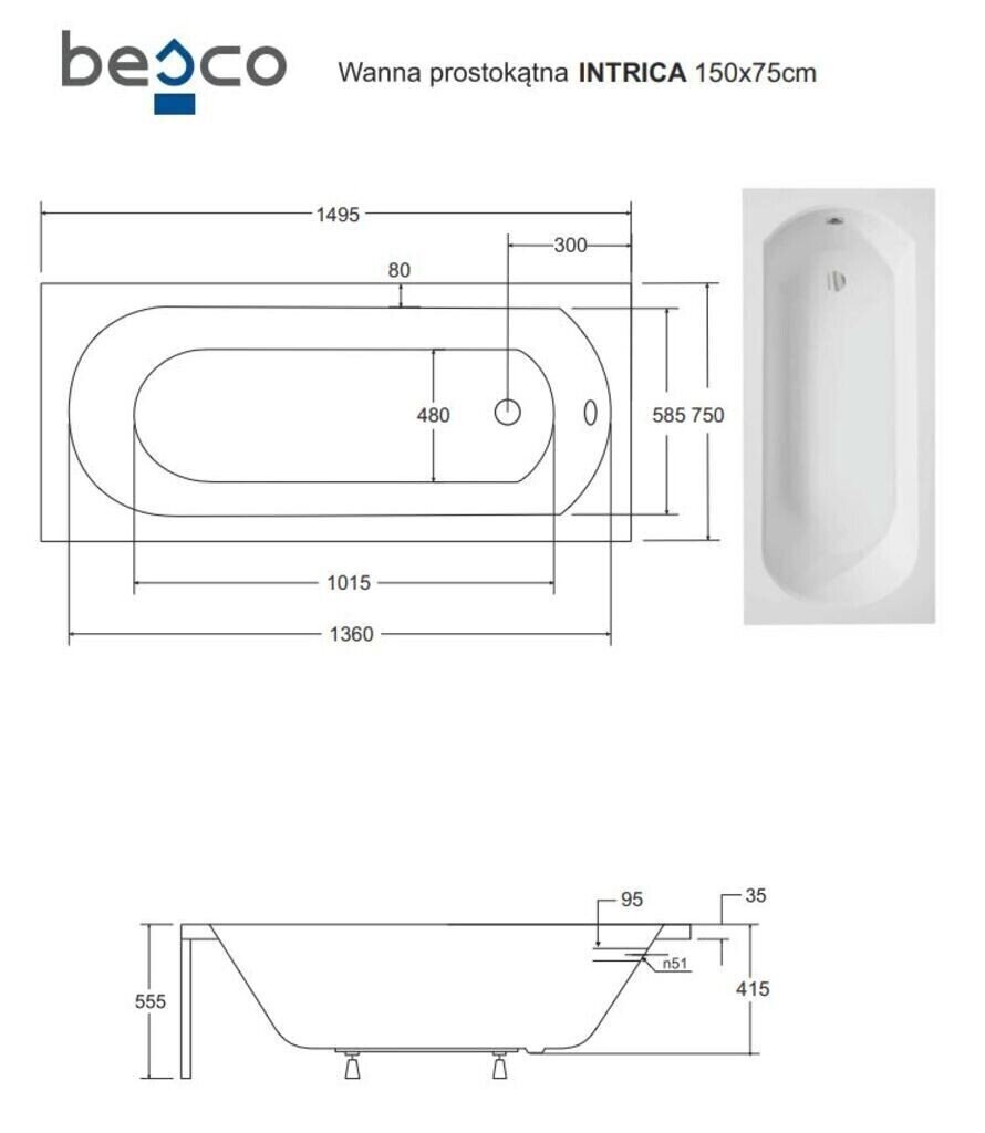 Vann Besco Intrica, 150x75 cm hind ja info | Vannid | hansapost.ee