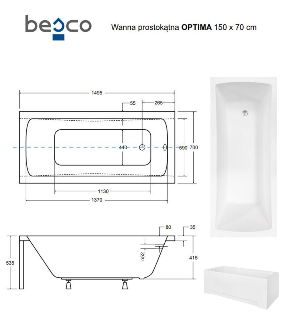 Vann Besco Optima koos viimistlusega, 150x70 cm цена и информация | Vannid | hansapost.ee