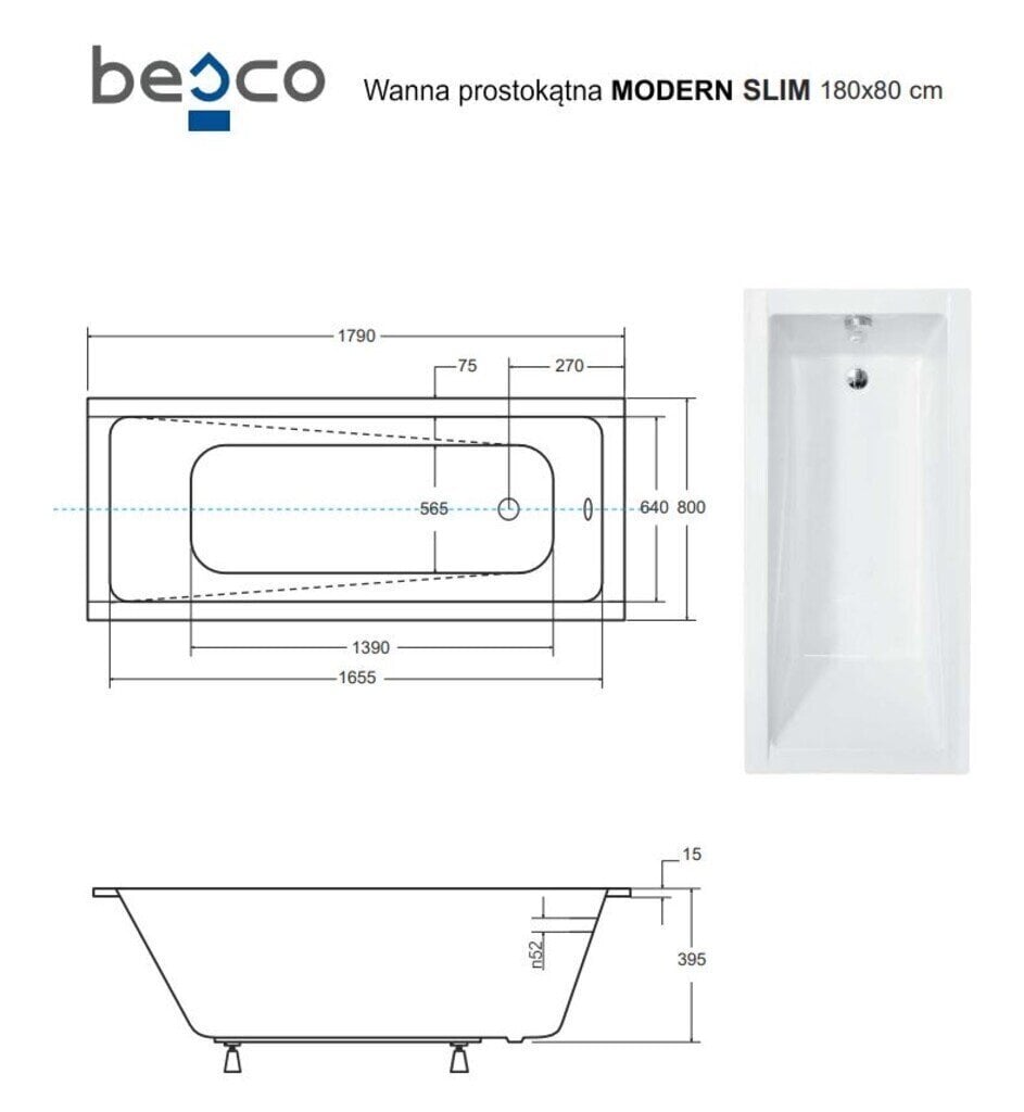 Vann Besco Modern Slim, 180x80 cm цена и информация | Vannid | hansapost.ee