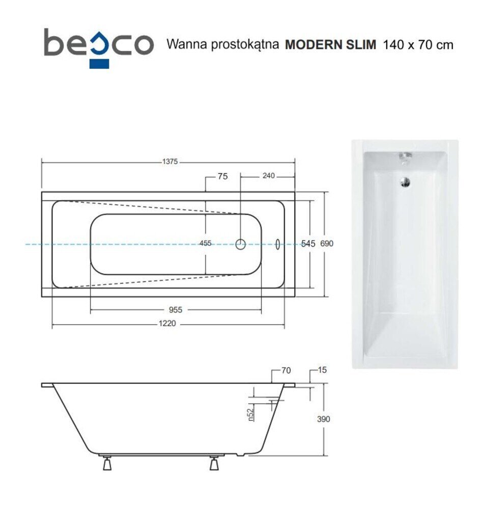 Vann Besco Modern Slim, 140x70 cm цена и информация | Vannid | hansapost.ee