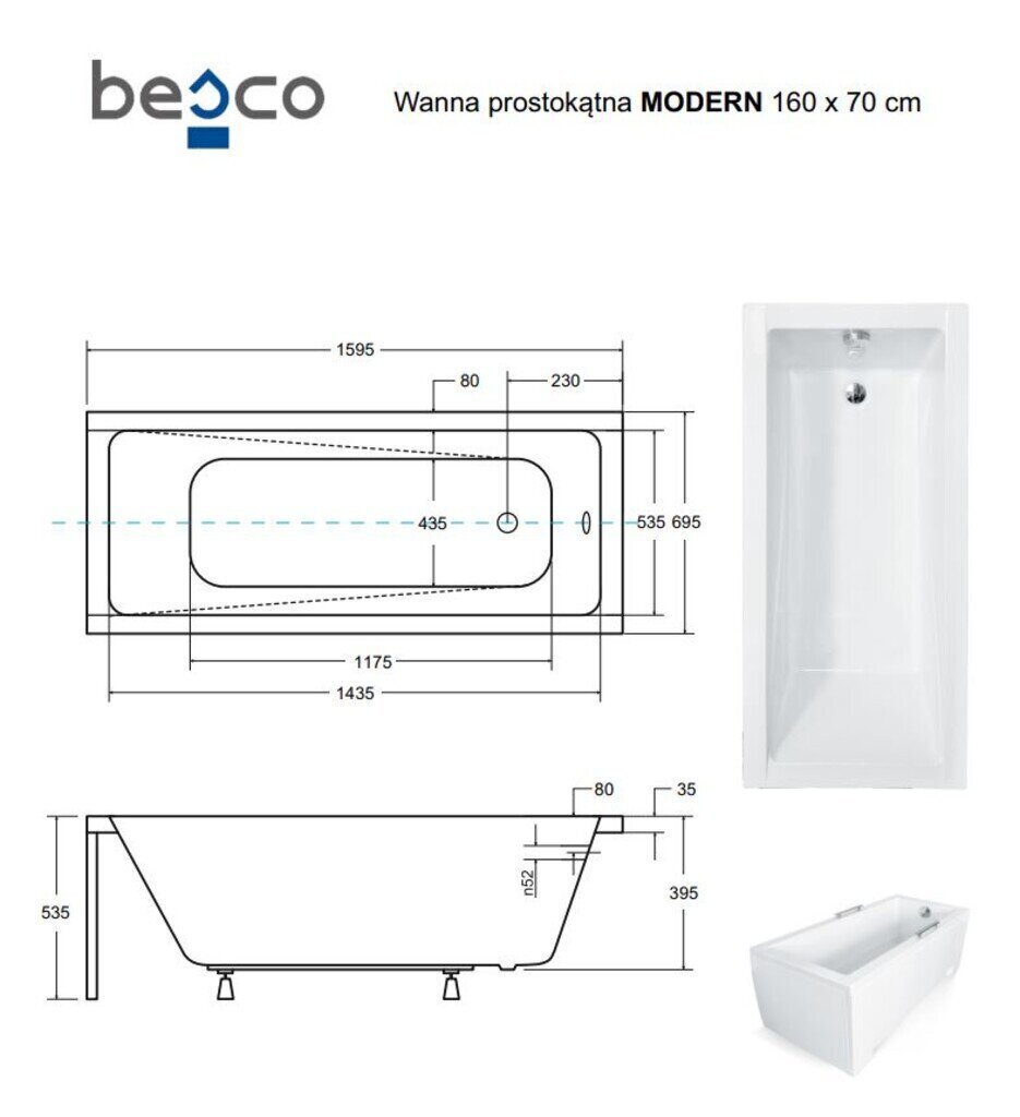 Vann Besco Modern koos viimistlusega, 160x70 cm цена и информация | Vannid | hansapost.ee