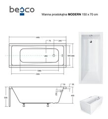 Vann Besco Modern koos viimistlusega, 150x70 cm hind ja info | Vannid | hansapost.ee