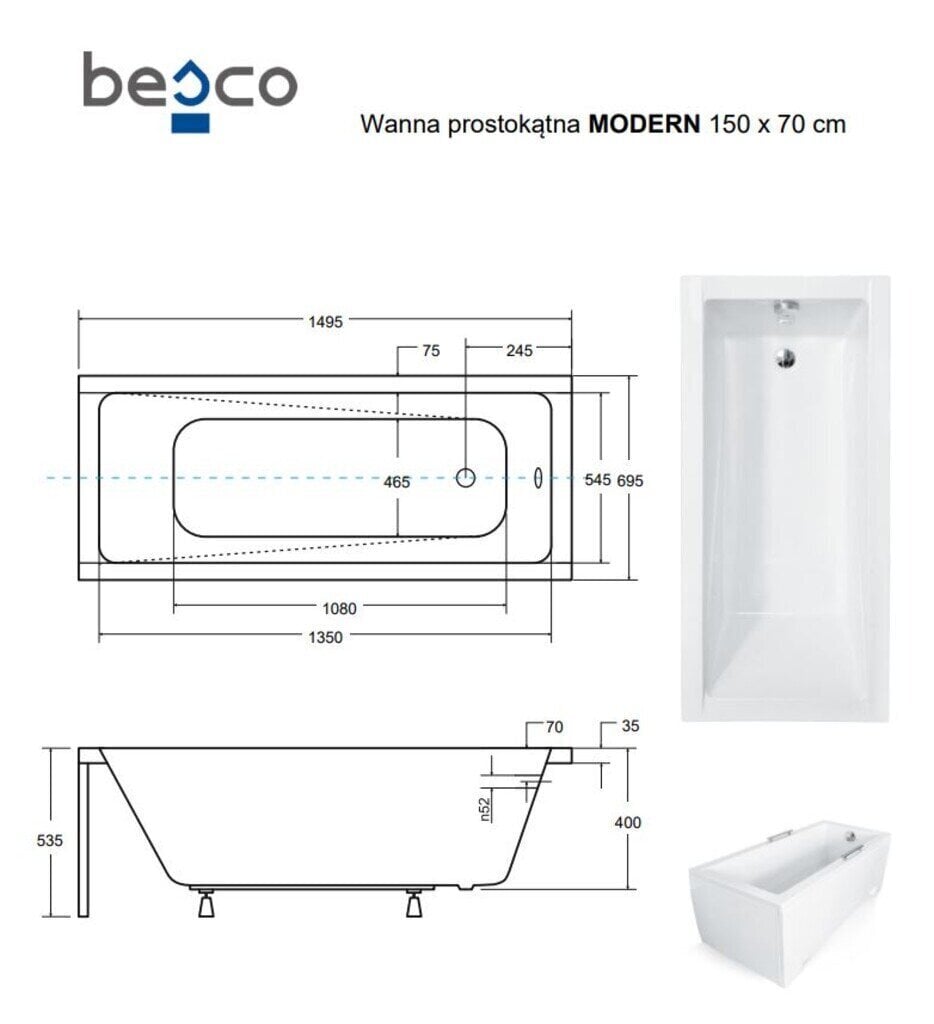 Vann Besco Modern koos viimistlusega, 150x70 cm hind ja info | Vannid | hansapost.ee