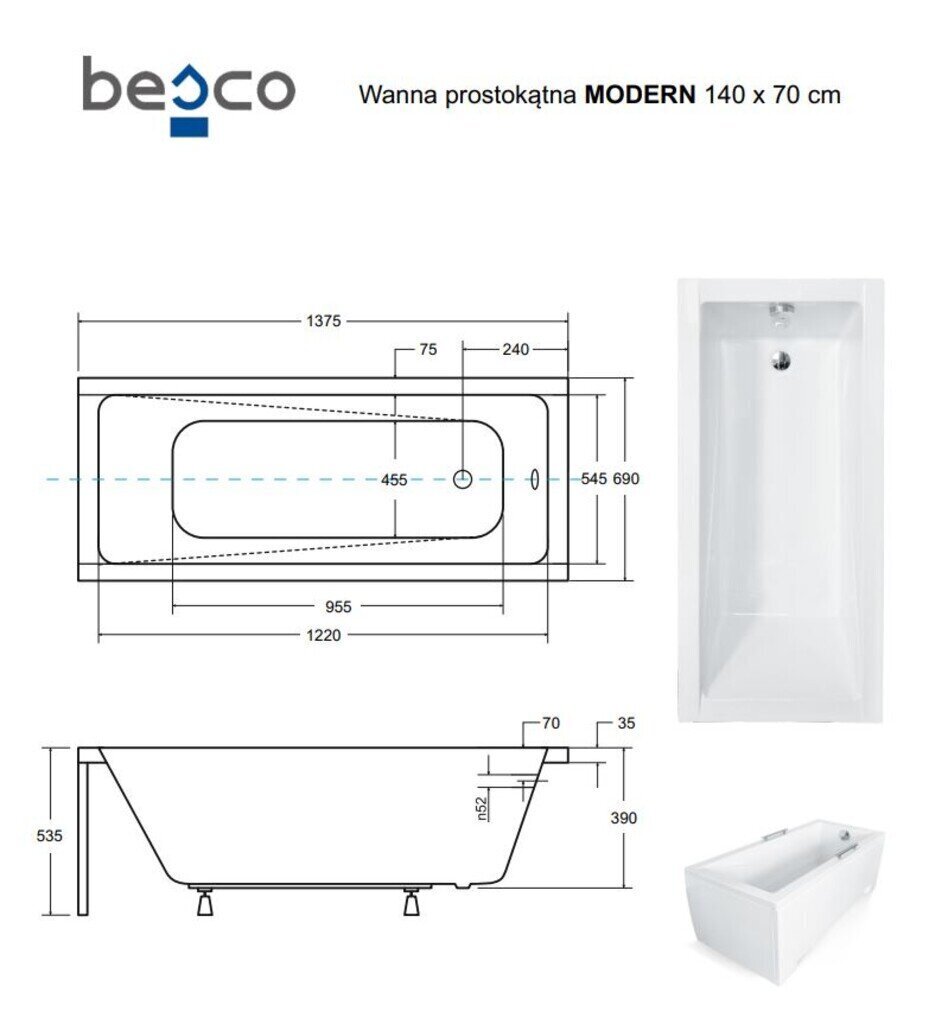 Vann Besco Modern koos viimistlusega, 140x70 cm hind ja info | Vannid | hansapost.ee