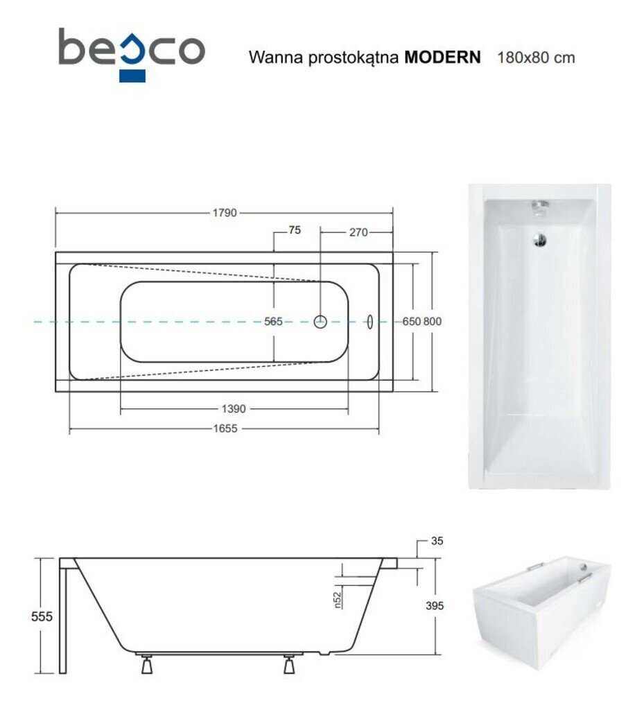 Vann Besco Modern koos viimistlusega, 180x80 cm hind ja info | Vannid | hansapost.ee