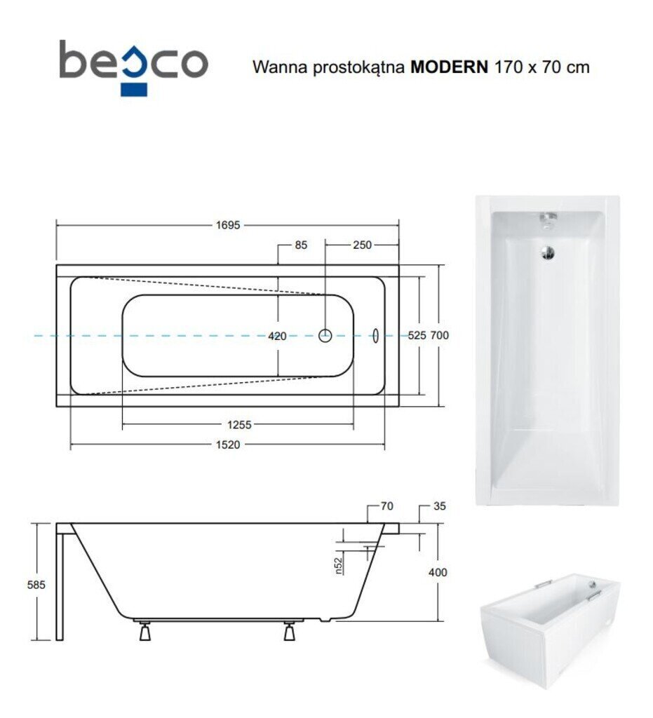 Vann Besco Modern koos viimistlusega, 170x70 cm цена и информация | Vannid | hansapost.ee