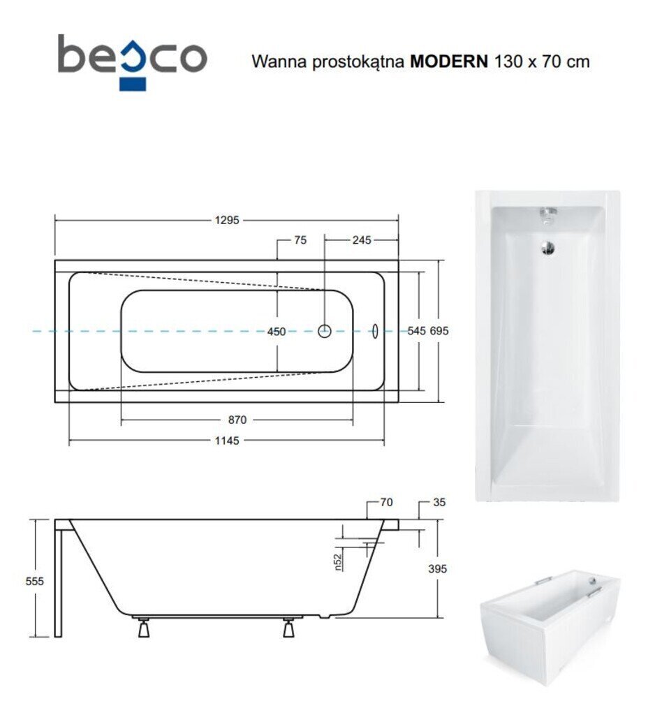 Vann Besco Modern koos viimistlusega, 130 x 70 cm hind ja info | Vannid | hansapost.ee