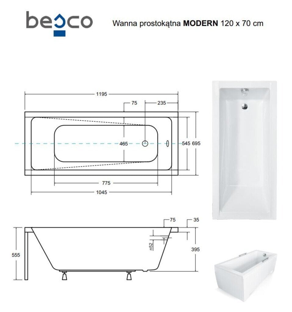 Vann Besco Modern koos viimistlusega, 120x70 cm hind ja info | Vannid | hansapost.ee